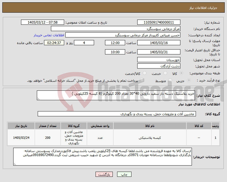 تصویر کوچک آگهی نیاز کالا-خرید پلاستیک دسته دار سفید دارویی 40*30 تعداد 200 کیلوگرم (8 کیسه 25کیلویی )
