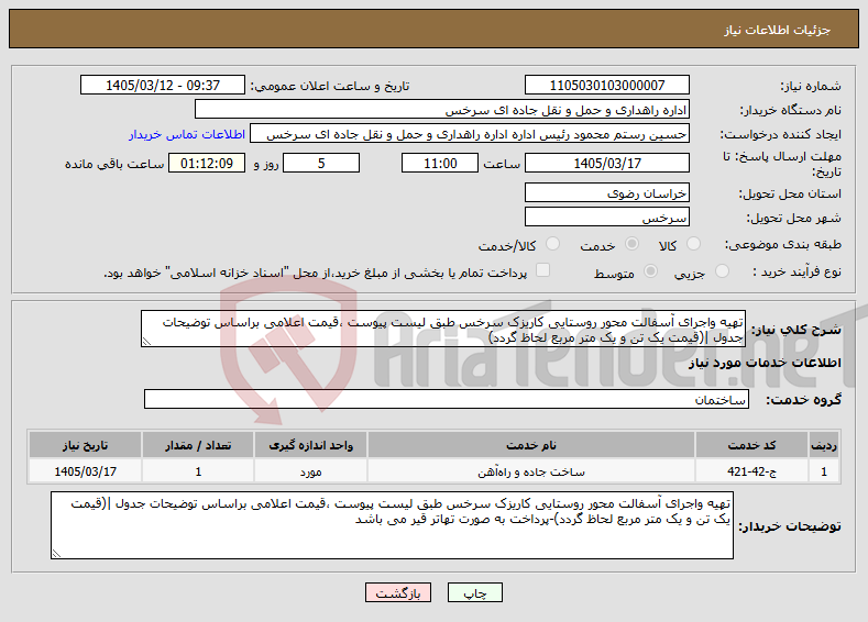 تصویر کوچک آگهی نیاز خدمات-تهیه واجرای آسفالت محور روستایی کاریزک سرخس طبق لیست پیوست ،قیمت اعلامی براساس توضیحات جدول |(قیمت یک تن و یک متر مربع لحاظ گردد)