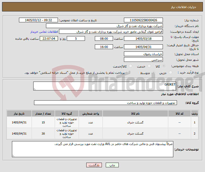 تصویر کوچک آگهی نیاز کالا-GASKET