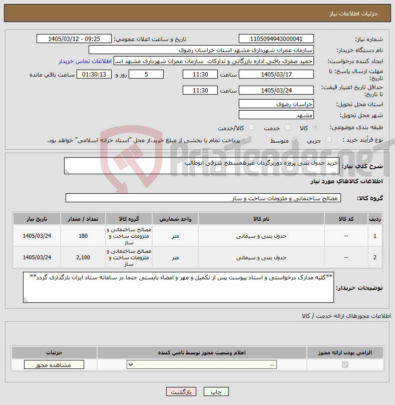 تصویر کوچک آگهی نیاز کالا-خرید جدول بتنی پروژه دوربرگردان غیرهمسطح شرقی ابوطالب