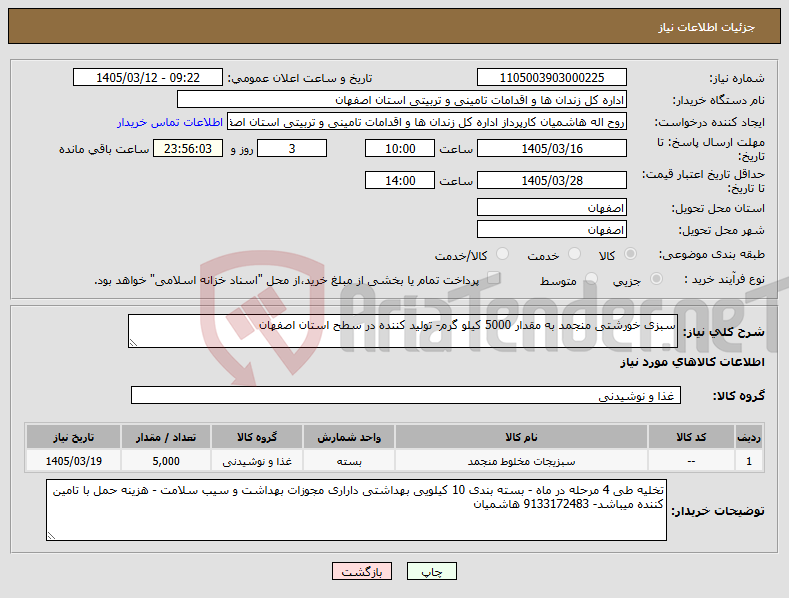 تصویر کوچک آگهی نیاز کالا-سبزی خورشتی منجمد به مقدار 5000 کیلو گرم- تولید کننده در سطح استان اصفهان