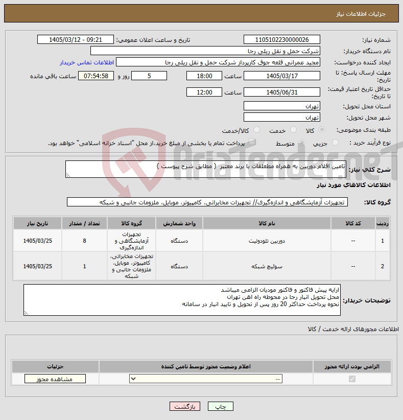 تصویر کوچک آگهی نیاز کالا-تامین اقلام دوربین به همراه مطعلقات با برند معتبر ( مطابق شرح پیوست )
