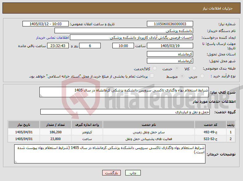 تصویر کوچک آگهی نیاز خدمات-شرایط استعلام بهاء واگذاری تاکسی سرویس دانشکده پزشکی کرمانشاه در سال 1405