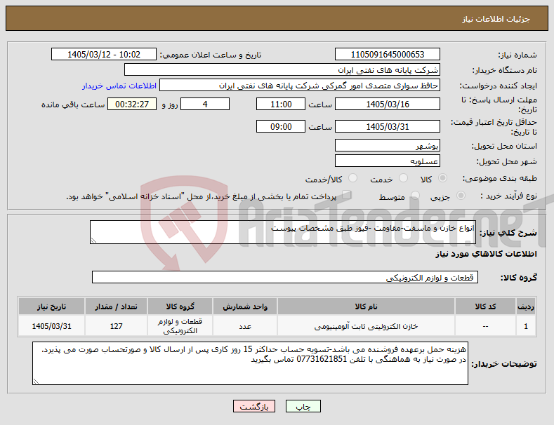 تصویر کوچک آگهی نیاز کالا-انواع خازن و ماسفت-مقاومت -فیوز طبق مشخصات پیوست