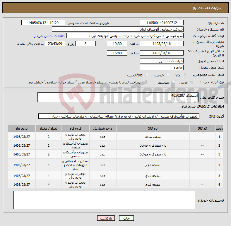 تصویر کوچک آگهی نیاز کالا-استعلام 4050287