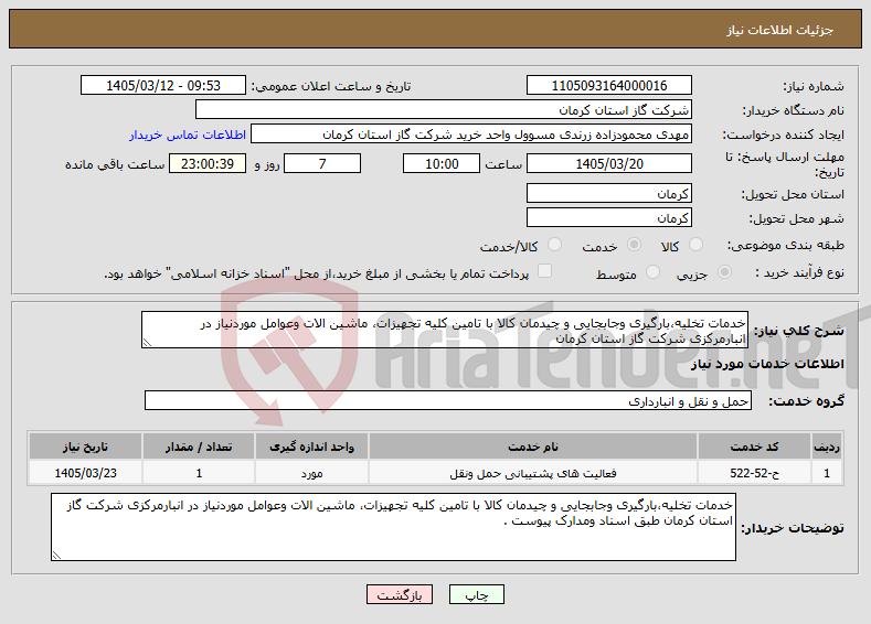 تصویر کوچک آگهی نیاز خدمات-خدمات تخلیه،بارگیری وجابجایی و چیدمان کالا با تامین کلیه تجهیزات، ماشین الات وعوامل موردنیاز در انبارمرکزی شرکت گاز استان کرمان 