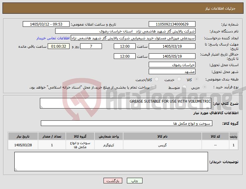 تصویر کوچک آگهی نیاز کالا-GREASE SUITABLE FOR USE WITH VOLUMETRIC