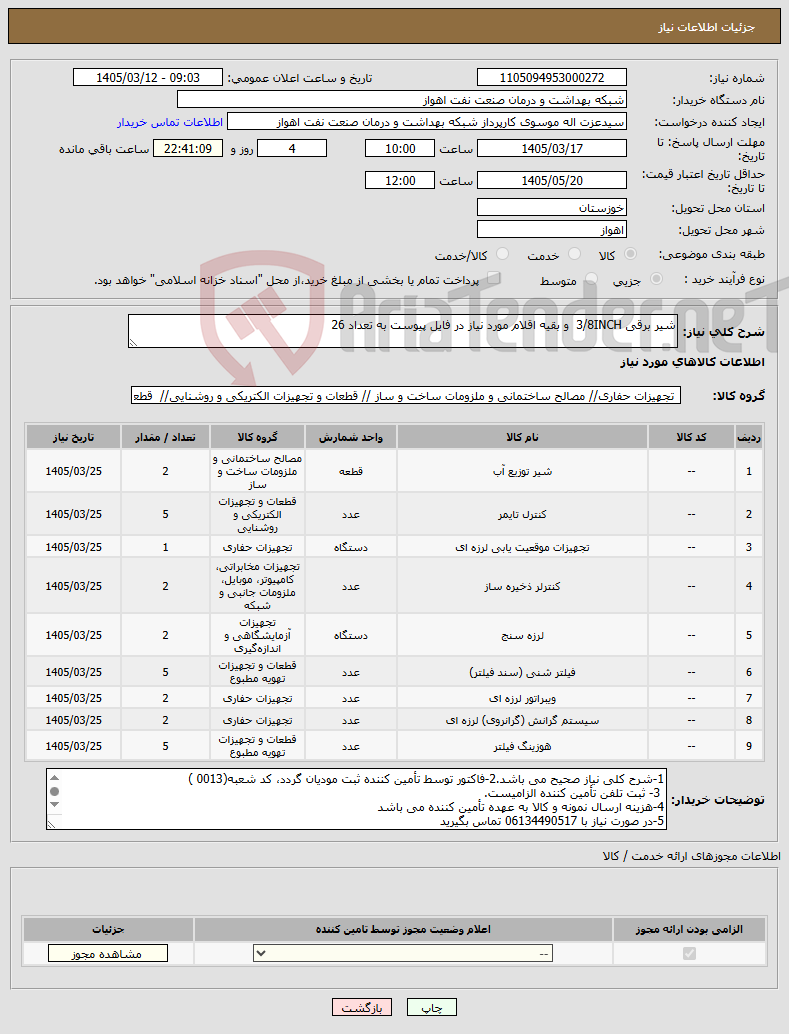 تصویر کوچک آگهی نیاز کالا-شیر برقی 3/8INCH و بقیه اقلام مورد نیاز در فایل پیوست به تعداد 26
