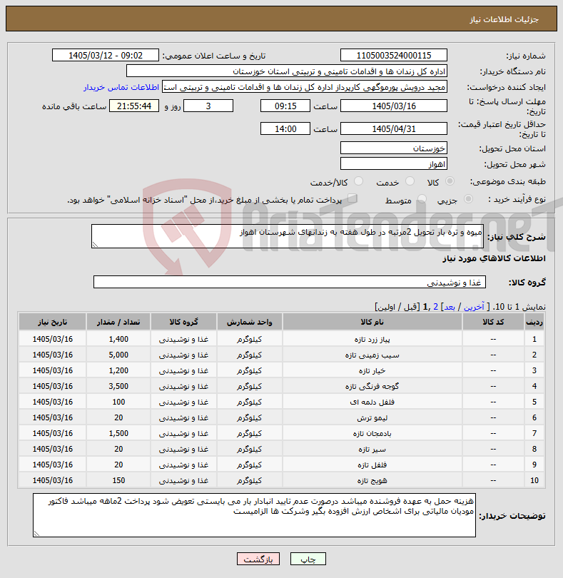 تصویر کوچک آگهی نیاز کالا-میوه و تره بار تحویل 2مرتبه در طول هفته به زندانهای شهرستان اهواز