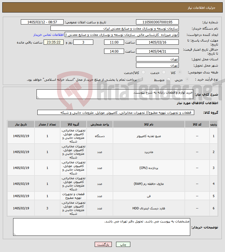 تصویر کوچک آگهی نیاز کالا-خرید لوازم و قطعات رایانه به شرح پیوست.