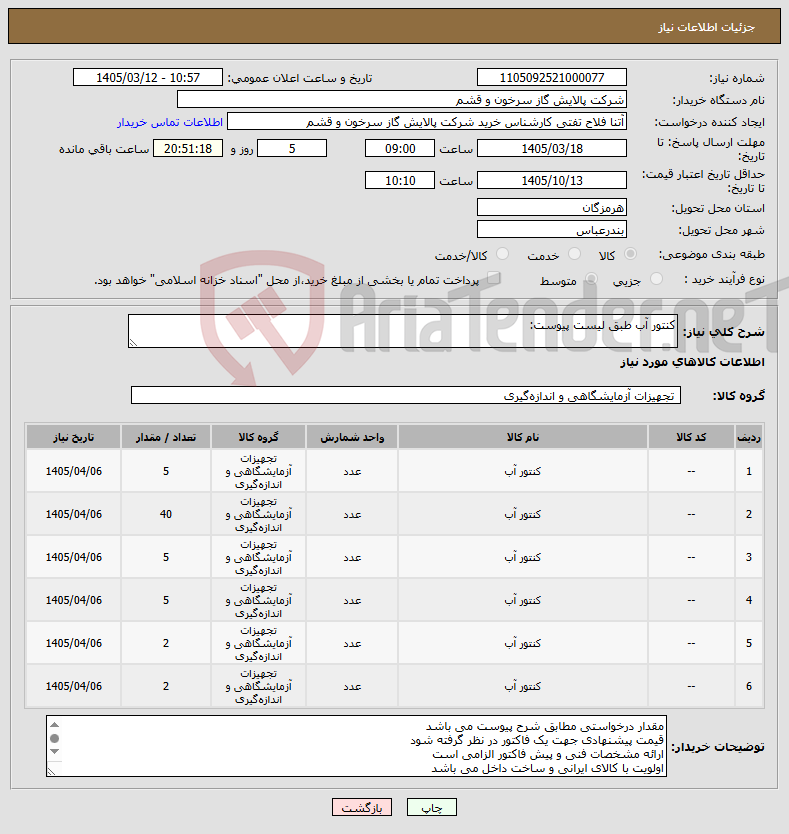 تصویر کوچک آگهی نیاز کالا-کنتور آب طبق لیست پیوست: