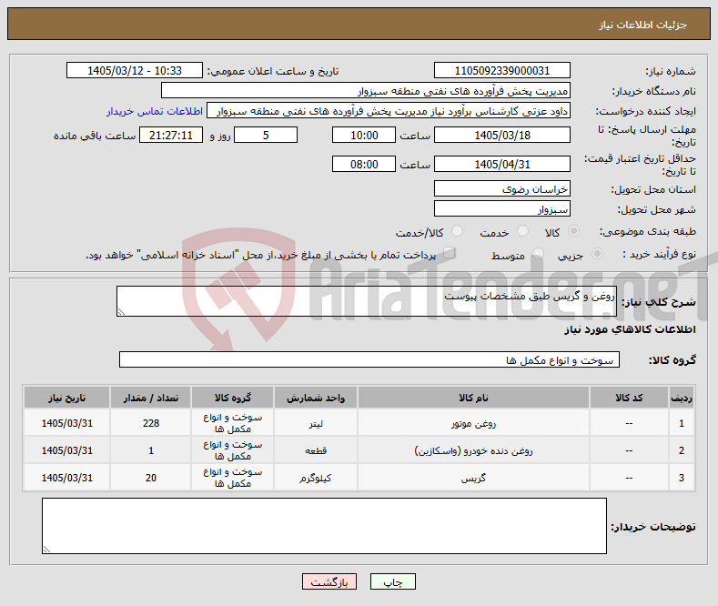 تصویر کوچک آگهی نیاز کالا-روغن و گریس طبق مشخصات پیوست 