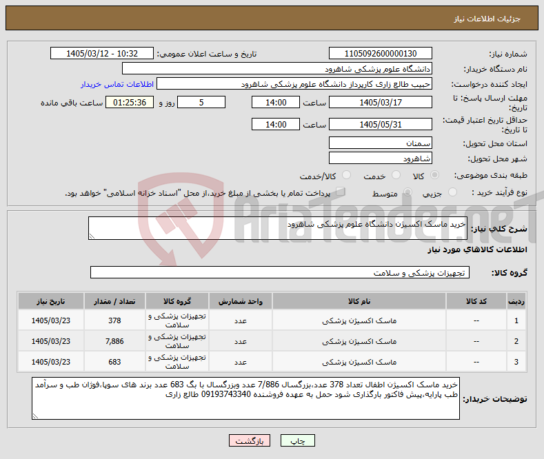 تصویر کوچک آگهی نیاز کالا-خرید ماسک اکسیژن دانشگاه علوم پزشکی شاهرود