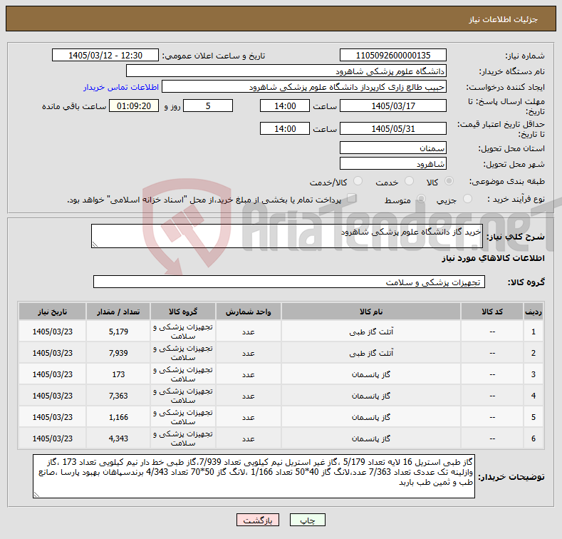 تصویر کوچک آگهی نیاز کالا-خرید گاز دانشگاه علوم پزشکی شاهرود 