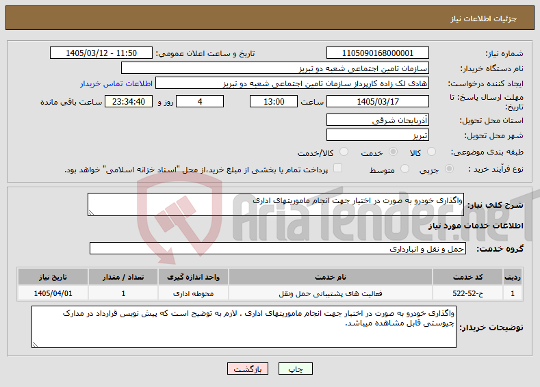 تصویر کوچک آگهی نیاز خدمات-واگذاری خودرو به صورت در اختیار جهت انجام ماموریتهای اداری