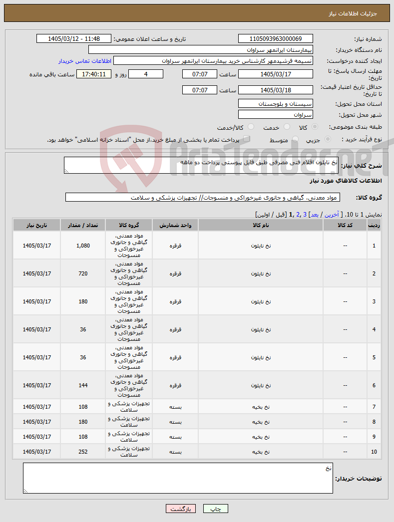 تصویر کوچک آگهی نیاز کالا-نخ نایلون اقلام فنی مصرفی طبق فایل پیوستی پرداخت دو ماهه
