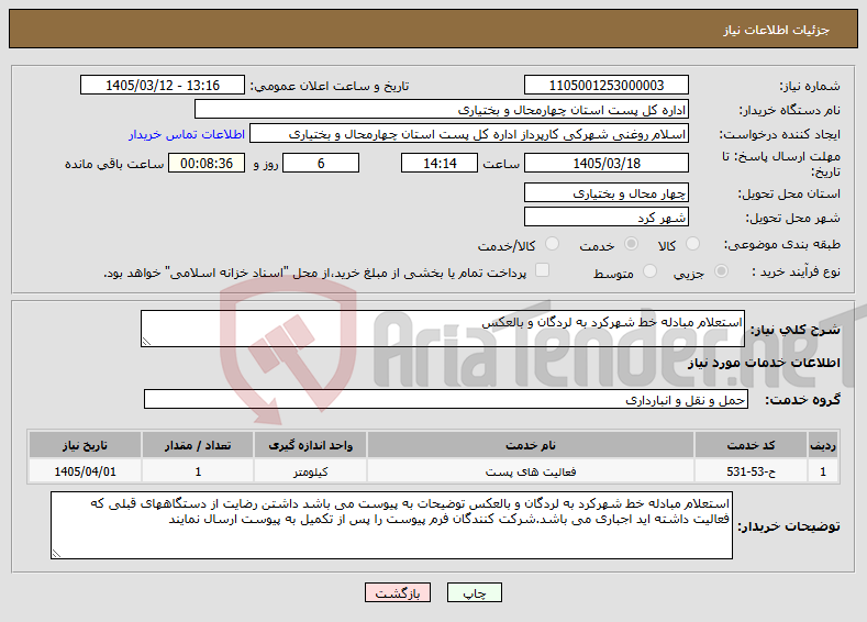 تصویر کوچک آگهی نیاز خدمات-استعلام مبادله خط شهرکرد به لردگان و بالعکس