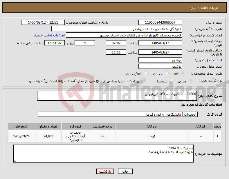 تصویر کوچک آگهی نیاز کالا-24000 عدد کووت دستگاه فرزینیوس 
