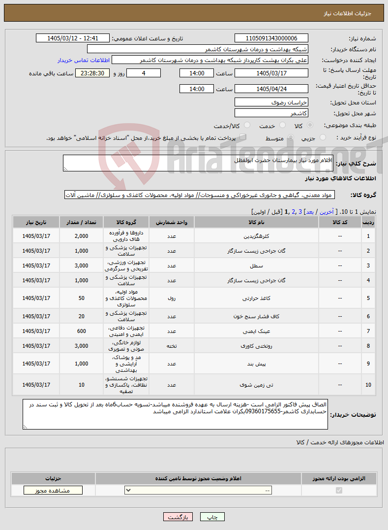 تصویر کوچک آگهی نیاز کالا-اقلام مورد نیاز بیمارستان حضرت ابولفظل 