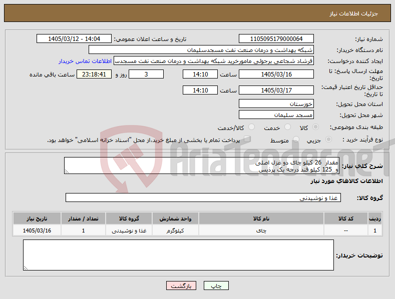 تصویر کوچک آگهی نیاز کالا-مقدار 26 کیلو چای دو غزل اصلی و 125 کیلو قند درجه یک پرذیس