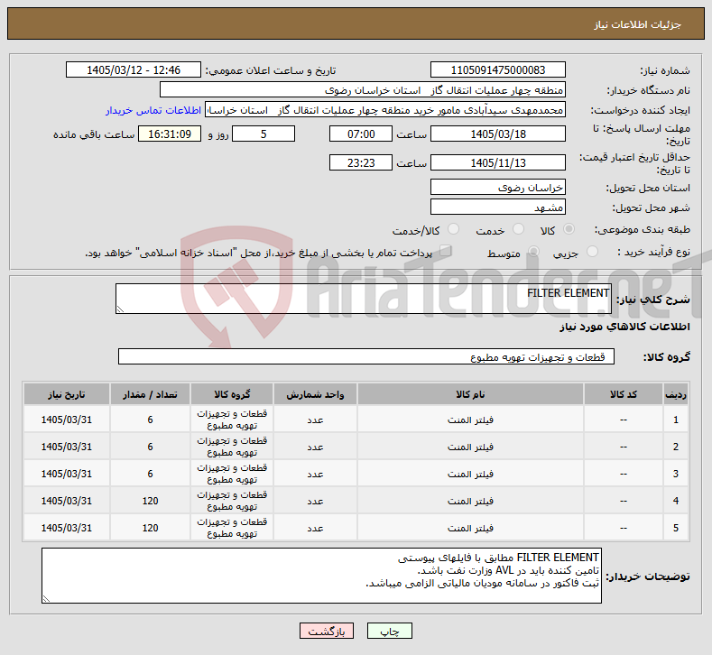 تصویر کوچک آگهی نیاز کالا-FILTER ELEMENT