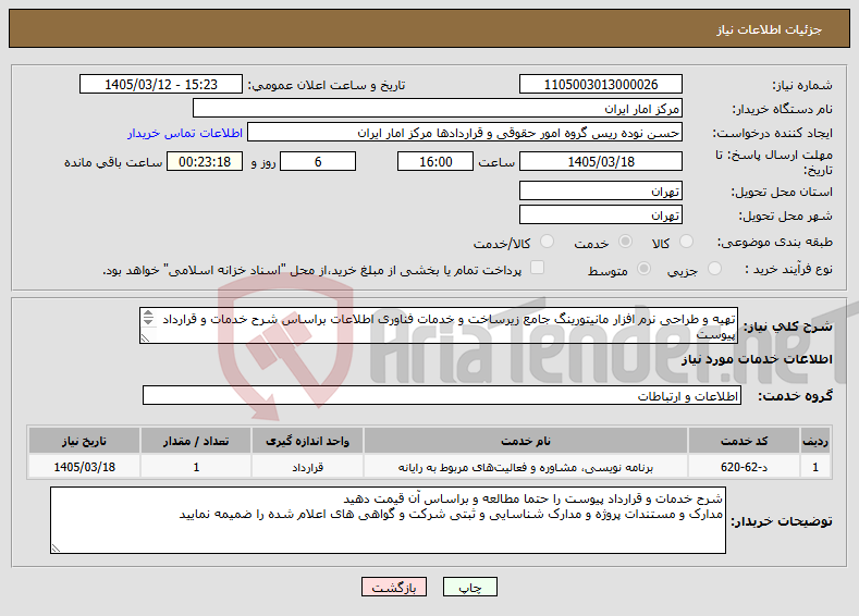 تصویر کوچک آگهی نیاز خدمات-تهیه و طراحی نرم افزار مانیتورینگ جامع زیرساخت و خدمات فناوری اطلاعات براساس شرح خدمات و قرارداد پیوست 