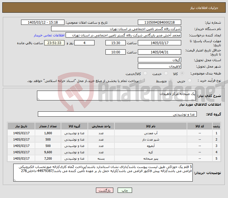 تصویر کوچک آگهی نیاز کالا-پک صبحانه مرکز لاهیجان