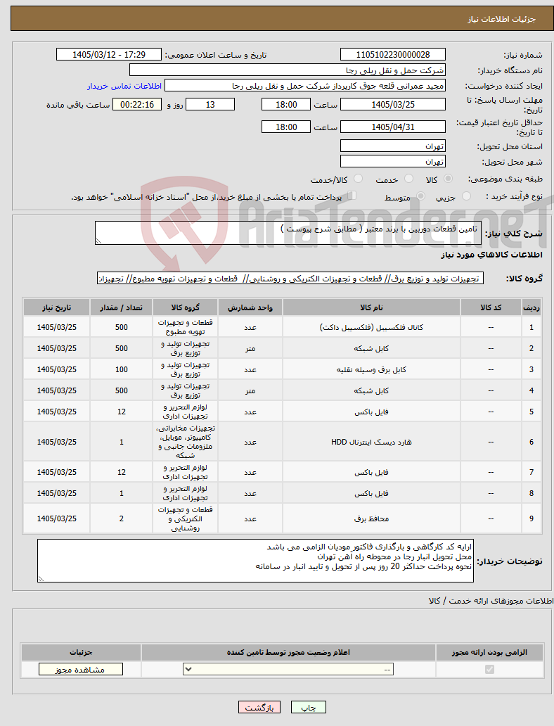 تصویر کوچک آگهی نیاز کالا- تامین قطعات دوربین با برند معتبر ( مطابق شرح پیوست )