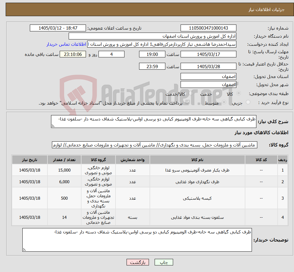 تصویر کوچک آگهی نیاز کالا-ظرف کبابی گیاهی سه خانه-ظرف الومینیوم کبابی دو پرسی اواس-پلاستیک شفاف دسته دار -سلفون غذا-