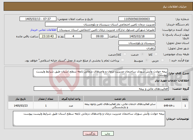 تصویر کوچک آگهی نیاز خدمات-بیمه حوادث وآتش سوزی ساختمان مدیریت درمان و واحدهای درمانی تابعه سطح استان طبق شرایط ولیست پیوست 