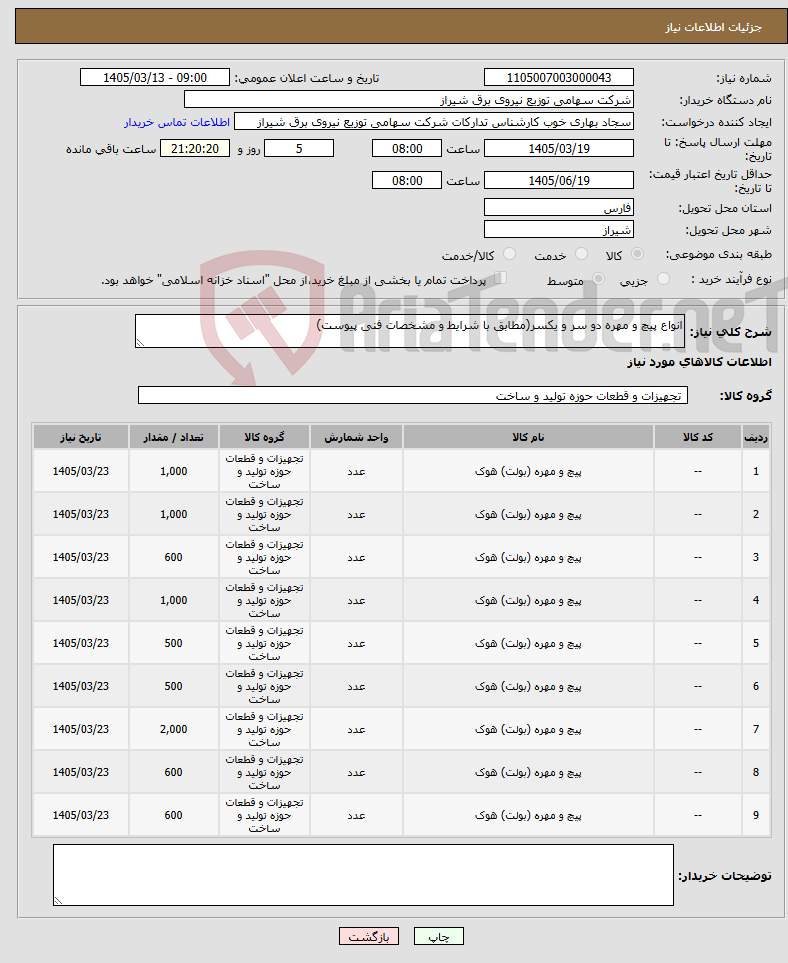 تصویر کوچک آگهی نیاز کالا-انواع پیچ و مهره دو سر و یکسر(مطابق با شرایط و مشخصات فنی پیوست)