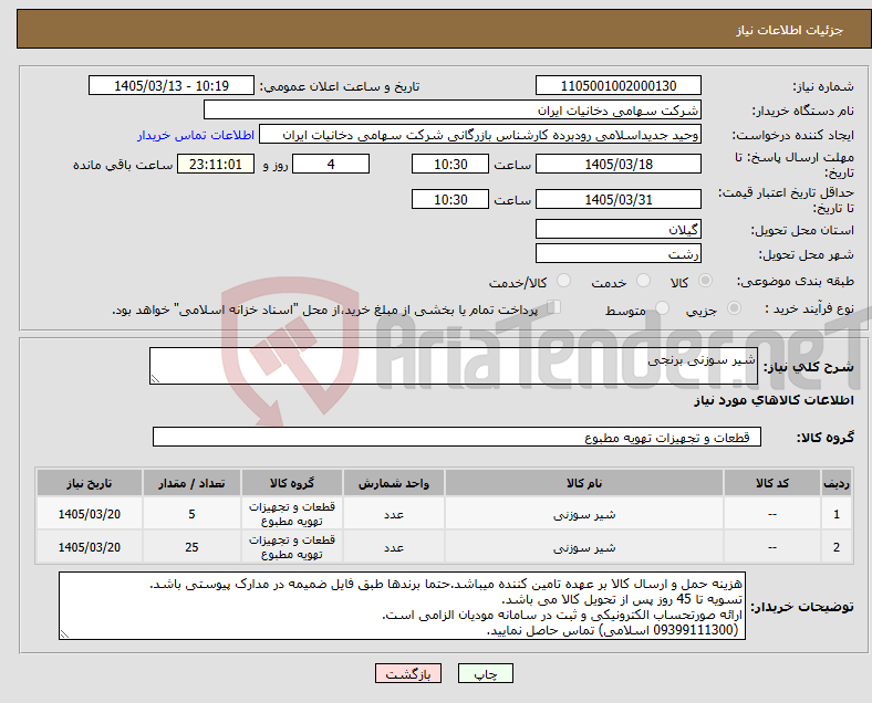 تصویر کوچک آگهی نیاز کالا-شیر سوزنی برنجی
