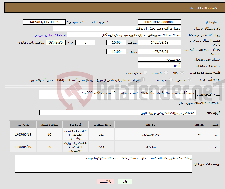 تصویر کوچک آگهی نیاز کالا-خرید 10عدد برج نوری 6 متری گالوانیزی 4 میل دستی با 40 عدد پروژکتور 200 وات