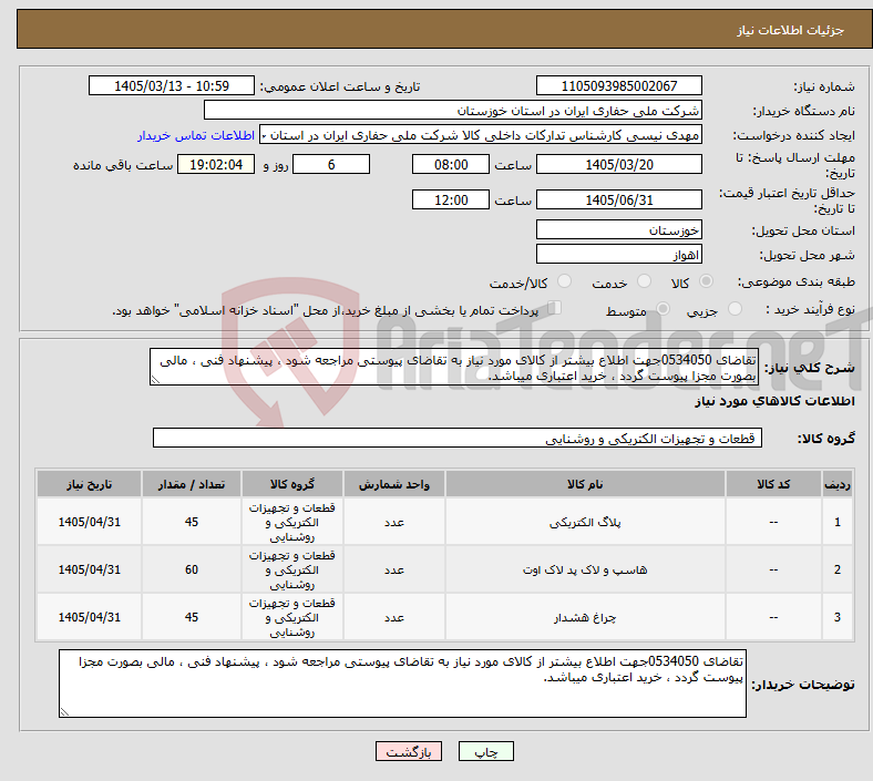 تصویر کوچک آگهی نیاز کالا-تقاضای 0534050جهت اطلاع بیشتر از کالای مورد نیاز به تقاضای پیوستی مراجعه شود ، پیشنهاد فنی ، مالی بصورت مجزا پیوست گردد ، خرید اعتباری میباشد.