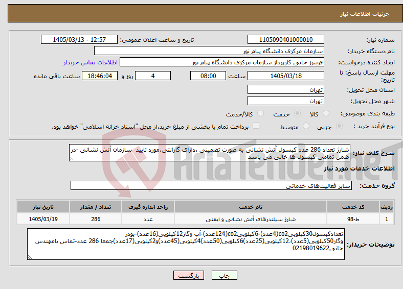 تصویر کوچک آگهی نیاز خدمات-شارژ تعداد 286 عدد کپسول آتش نشانی به صورت تضمینی ،دارای گارانتی،مورد تایید سازمان آتش نشانی -در ضمن تمامی کپسول ها خالی می باشد