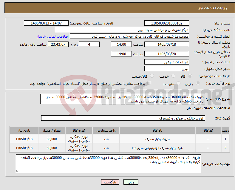 تصویر کوچک آگهی نیاز کالا-ظروف تک خانه 36000عدد پیاله350بتعداد30000عدد قاشق غذاخوری35000عددقاشق بستنی 30000عددباز پرداخت 5ماهه کرایه به عهدی فروشنده می باشد