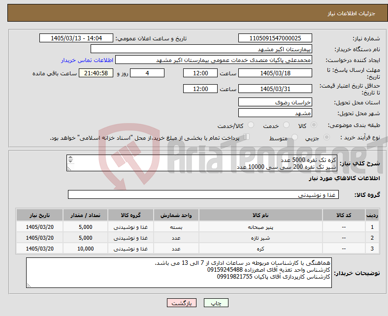 تصویر کوچک آگهی نیاز کالا-کره تک نفره 5000 عدد شیر تک نفره 200 سی سی 10000 عدد پنیر تک نفره 5000 عدد پرداختی 6 ماهه می باشد. مطابق با شرایط مرکز و فایل پیوستی