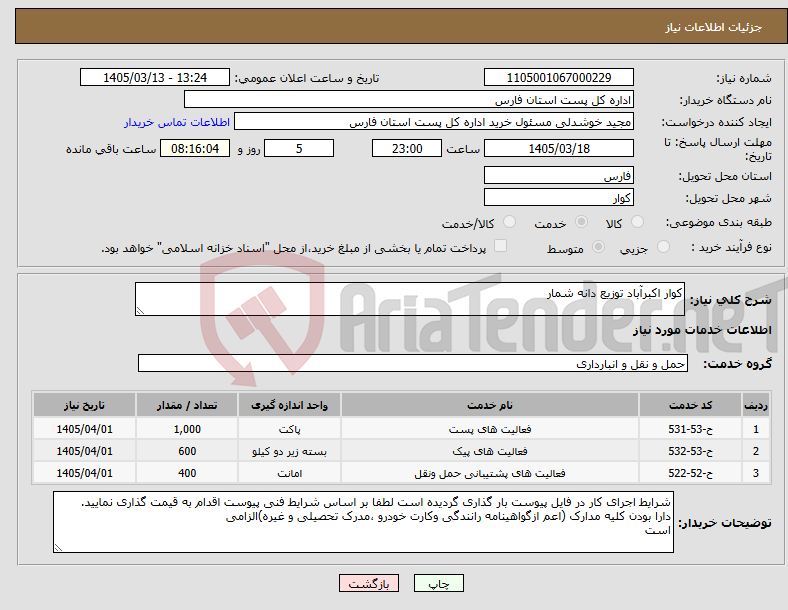 تصویر کوچک آگهی نیاز خدمات-کوار اکبرآباد توزیع دانه شمار 