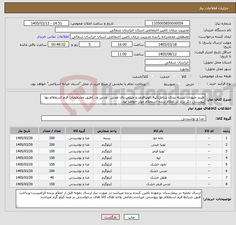 تصویر کوچک آگهی نیاز کالا-خرید حبوبات بسته بندی شامل(لپه ،لوبیاقرمز و چیتی،دال عدس ،عدس و...)طبق مشخصات فرم استعلام بها پیوستی ذکر برند در اعلام برنده استعلام موثر خواهد بود.