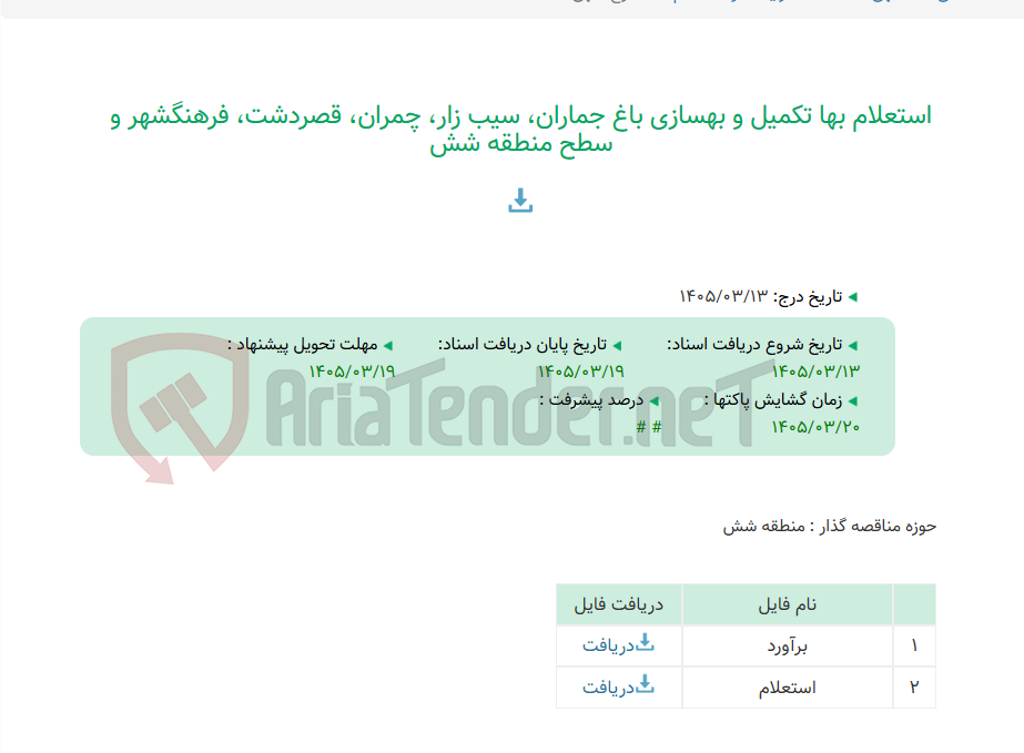 تصویر کوچک آگهی استعلام بها تکمیل و بهسازی باغ جماران، سیب زار، چمران، قصردشت، فرهنگشهر و سطح منطقه شش