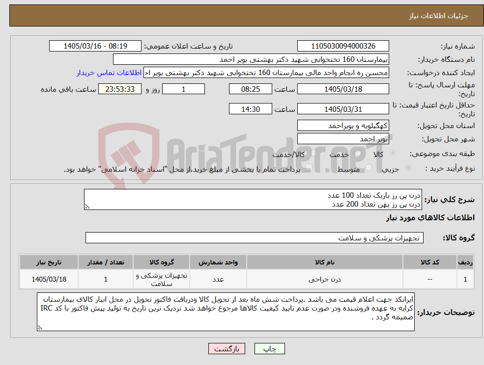تصویر کوچک آگهی نیاز کالا-درن پن رز باریک تعداد 100 عدد درن پن رز پهن تعداد 200 عدد