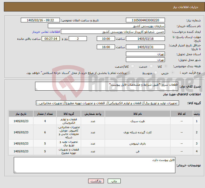 تصویر کوچک آگهی نیاز کالا-قطعات سرور *طبق شرایط و مشخصات فایل پیوست*