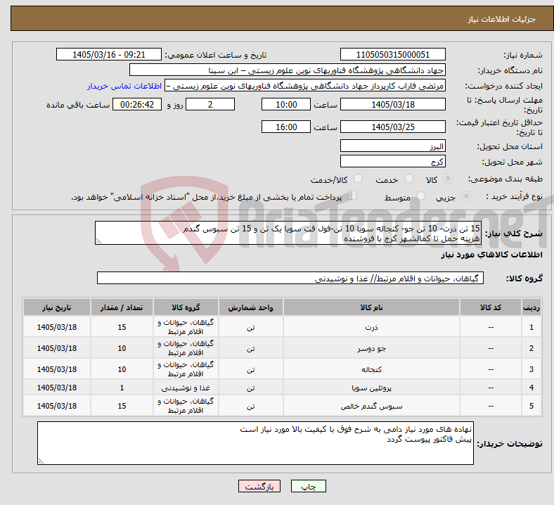 تصویر کوچک آگهی نیاز کالا-15 تن ذرت- 10 تن جو- کنجاله سویا 10 تن-فول فت سویا یک تن و 15 تن سبوس گندم هزینه حمل تا کمالشهر کرج با فروشنده
