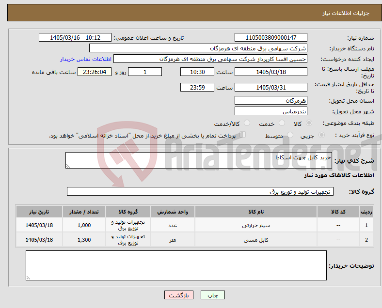 تصویر کوچک آگهی نیاز کالا-خرید کابل جهت اسکادا