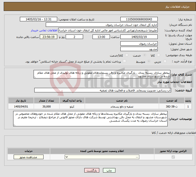 تصویر کوچک آگهی نیاز خدمات-بیخطر سازی ،بسته بندی ، بارگیری مکانیزه و دفن پسماندهای عفونی و زباله های تولیدی از محل های علام شده در شهرستان مشهد 
