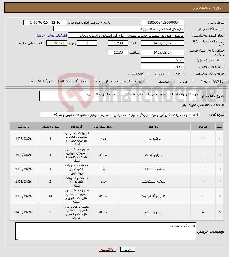 تصویر کوچک آگهی نیاز کالا-خرید تجهیزات اداری سوییچ ،کامپیوتر آل این وان ،تستر شبکه و فیبر نوری ، پرینتر