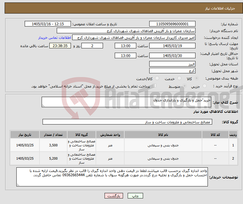 تصویر کوچک آگهی نیاز کالا-خرید ُ‌حمل و بارگیری و باراندازی جدول
