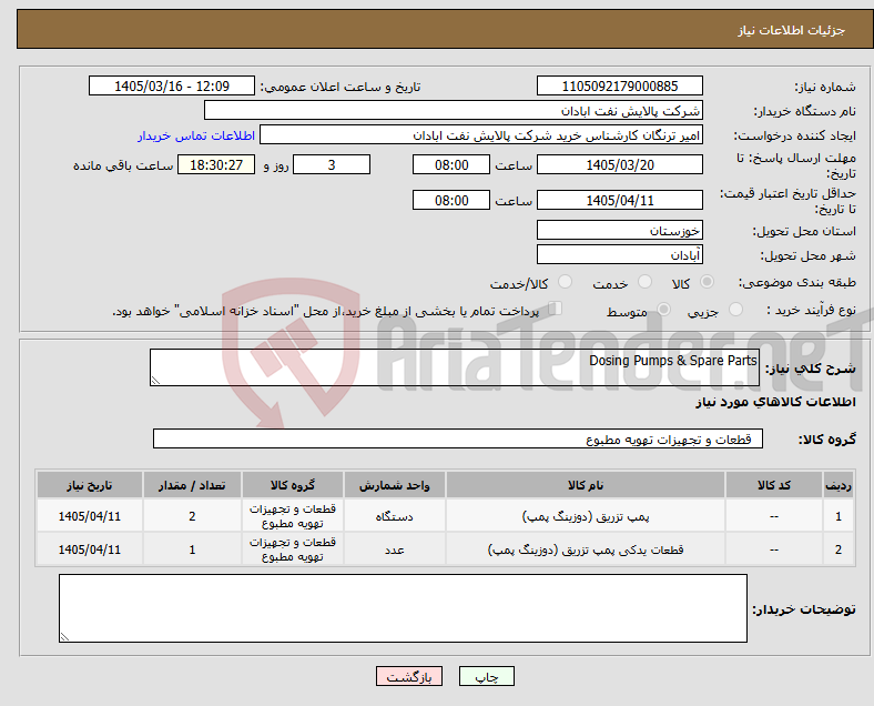 تصویر کوچک آگهی نیاز کالا-Dosing Pumps & Spare Parts