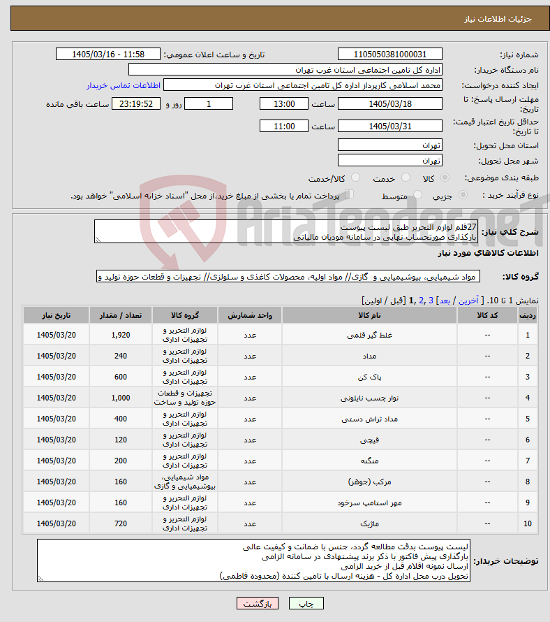تصویر کوچک آگهی نیاز کالا-27قلم لوازم التحریر طبق لیست پیوست بارکذاری صورتحساب نهایی در سامانه مودیان مالیاتی