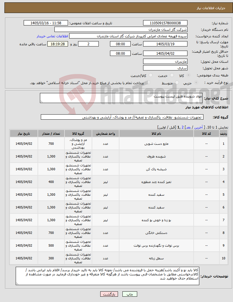 تصویر کوچک آگهی نیاز کالا-مواد شوینده طبق لیست پیوست